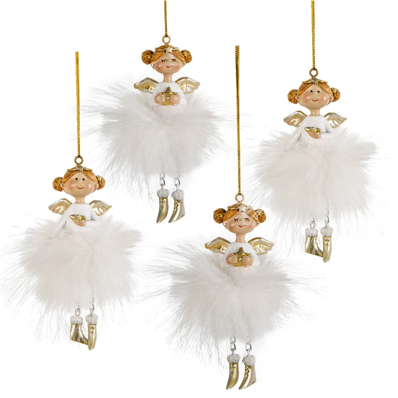 4 Exklusive Engel mit Federkleid - Schutzengel Anhänger weiß Gold 11 cm