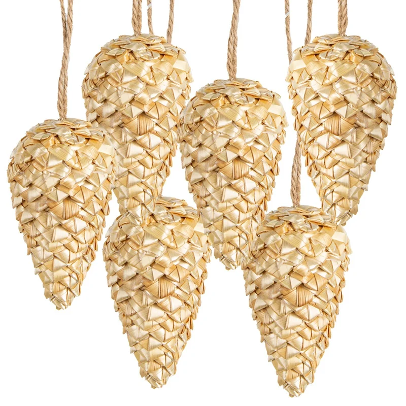 6 Tannenzapfen naturfarben aus Gras - Weihnachtsbaumschmuck Natur 9 cm