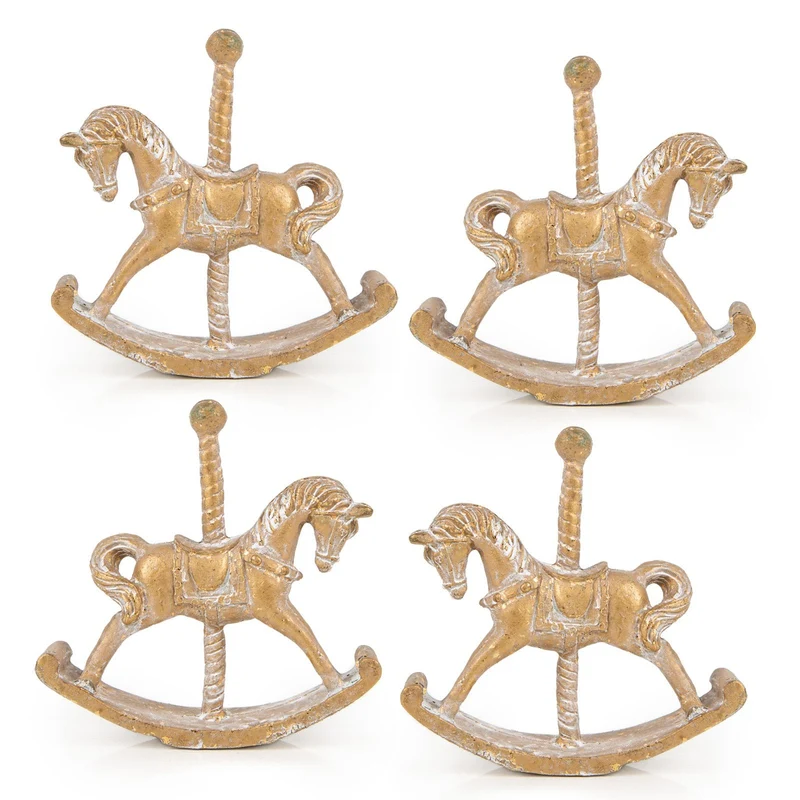 4 Nostalgie Schaukelpferde - vintage Weihnachtsfigur antik-Gold 10 cm