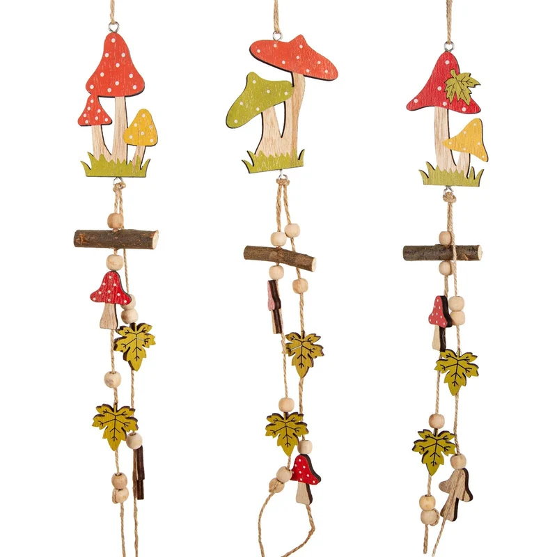 3 herbstliche Girlanden aus Holz mit Pilzen und Laub rot grün ca. 48 cm