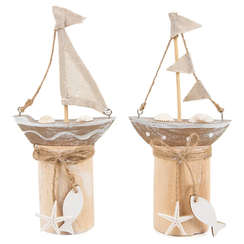 2 naturfarbene Segelschiffe 22 cm - Segelboot Figuren aus Holz