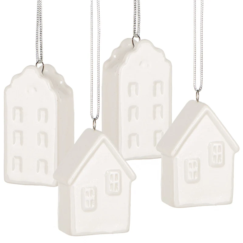 4 Porzellan Häuschen 3D Weihnachtsanhänger weiß Haus 4,8 cm
