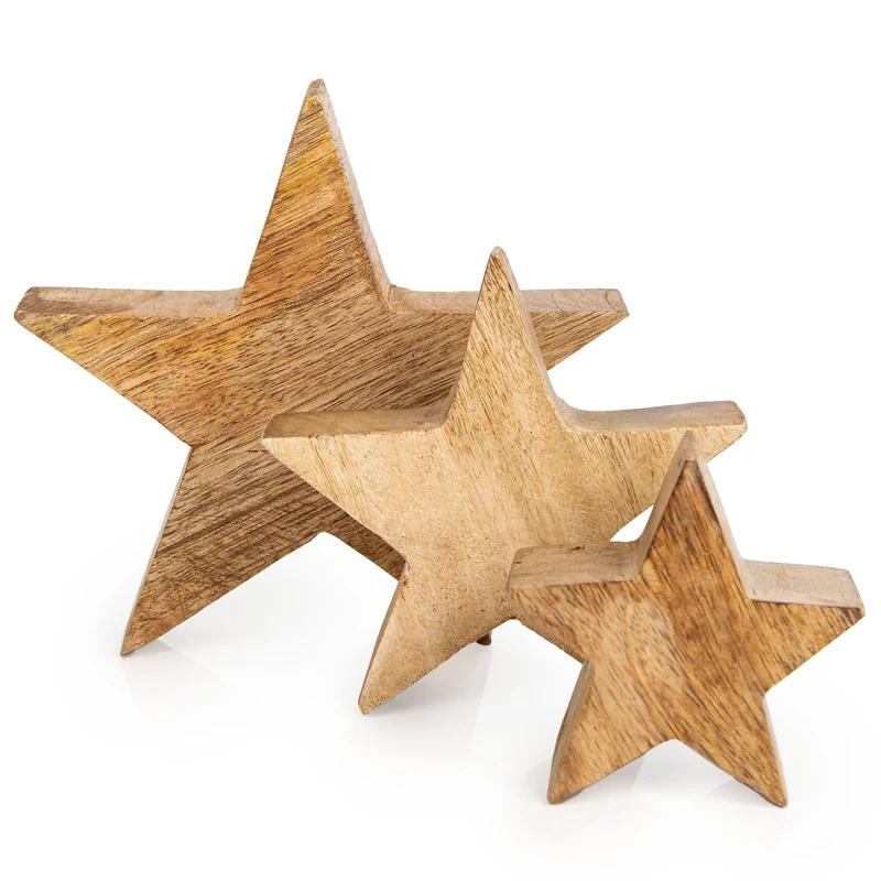 3 massive Sterne aus Holz - Weihnachtsdeko Set 10-20 cm braun