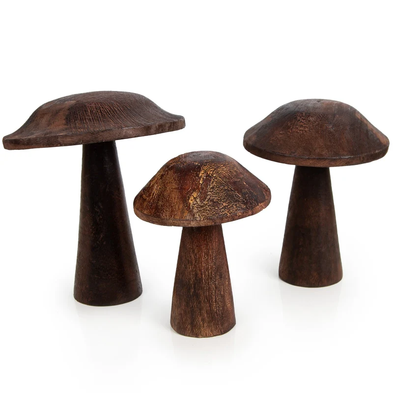 3 Pilze Figuren aus Holz dunkelbraun zum Hinstellen ca. 13 bis 18 cm