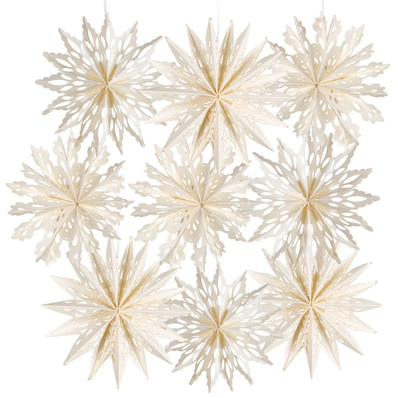 9 Schneeflocken weiß aus Papier - Baumschmuck zum Aufhängen 10 cm