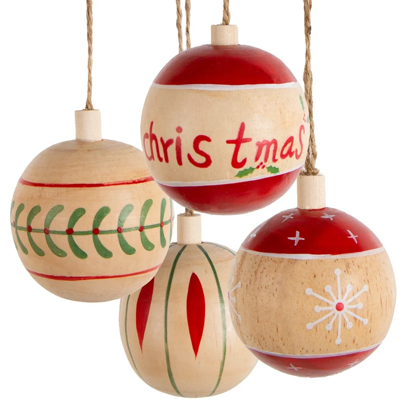 4 Holz Weihnachtskugeln zum Aufhängen braun rot grün Baumschmuck Ø 6 cm