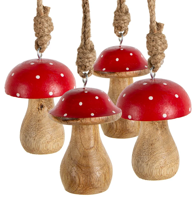 4 Fliegenpilze zum Aufhängen aus Holz - Herbst Deko rot braun 7 cm