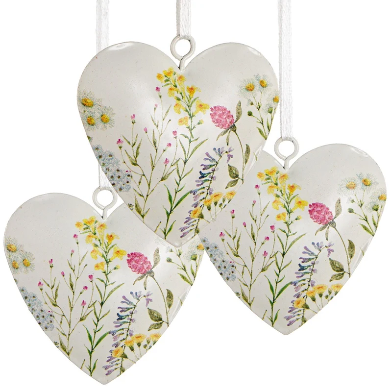 3 kleine Metallherzen - weiß bunt floral Herz Anhänger 6 x 7 cm