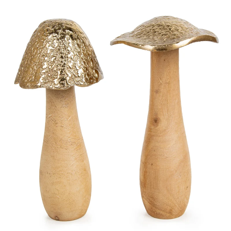 2 Pilzfiguren braun gold - aus Holz & Metall Herbstdekoration 22 cm