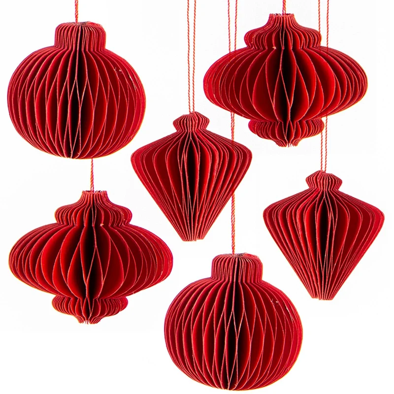 6 Honeycomb Weihnachtsanhänger - dunkelrote Papier Weihnachtskugeln 4 cm