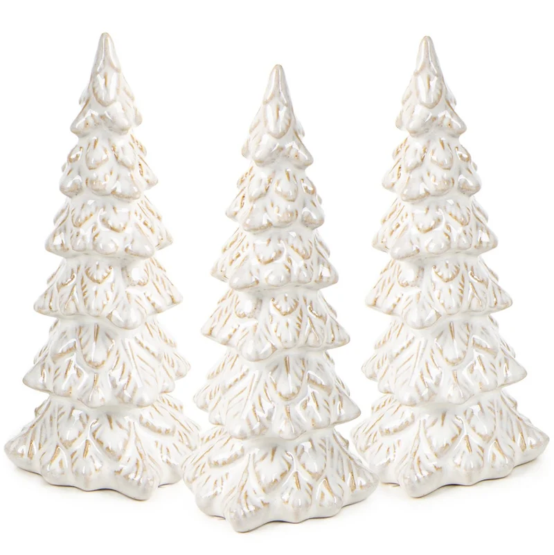 3 Weihnachtsbaum Figuren - creme beige aus Steinzeug 15-19,5 cm
