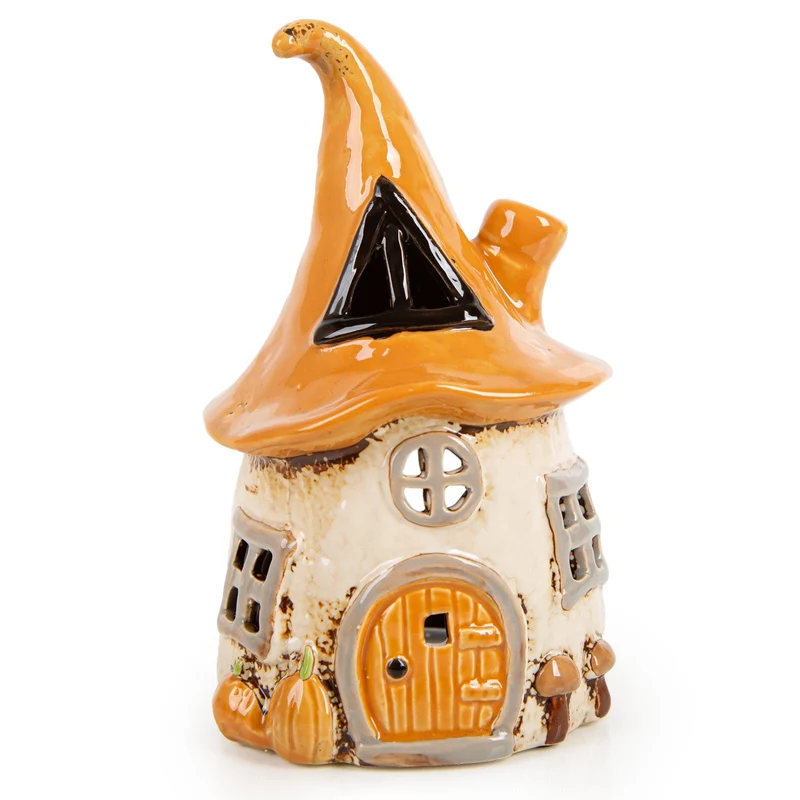 Kleines Hexenhaus - Herbst Dekoration Windlicht orange braun 17 x 10 cm
