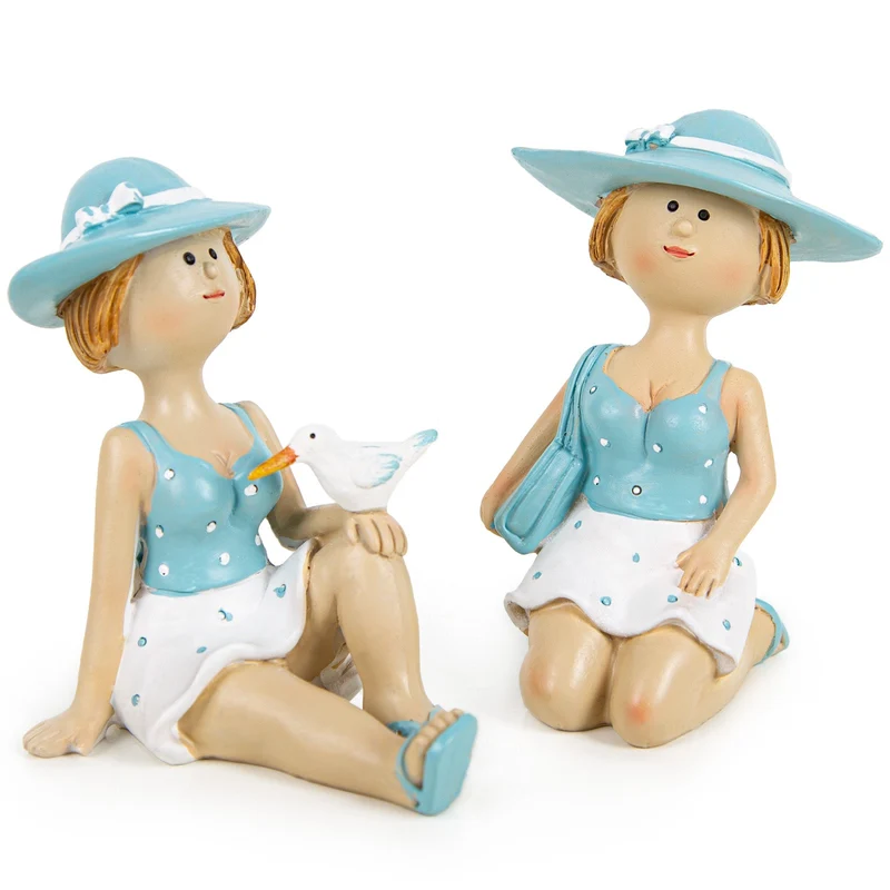 2 Frauen Figuren Sommerdeko - Badezimmer Terrasse 10 cm blau creme