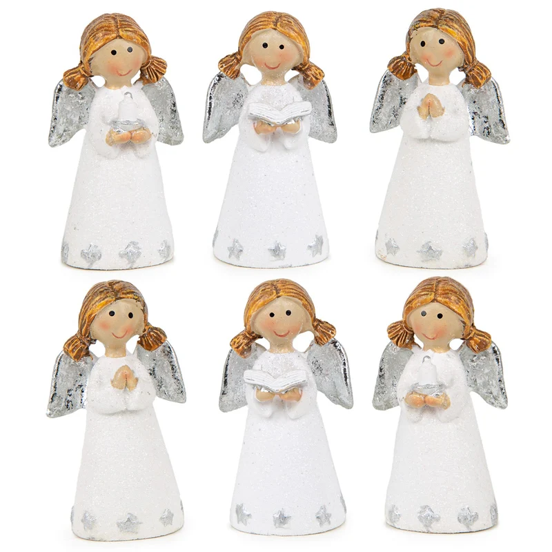 Logbuch-Verlag 6 mini Engel Figuren weiß Silber glitzernd kleine Schutzengel Geschenke für Kinder Freunde Kollegen 6,5 cm