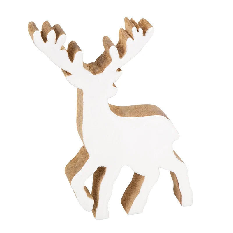 Hirsch Rentier Figur aus Holz weiß braun Deko Weihnachten Weihnachtsdekoration zum Stellen 15 x 21 cm