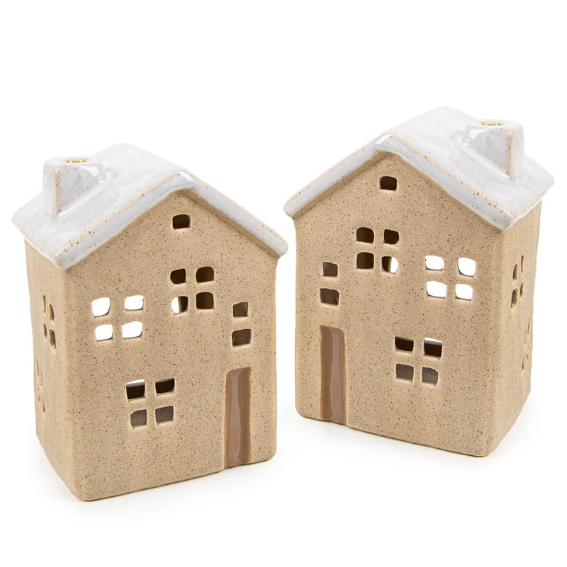 Logbuch-Verlag 2 Windlichter Haus Figuren beige weiß aus Steinzeug Teelichthalter Stimmungslicht Wohnzimmerdeko 14-16 cm