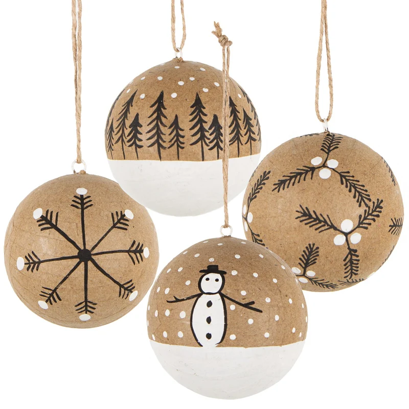 4 Weihnachtskugeln weiß braun - skandinavische Weihnachtsdeko Ø 7 cm