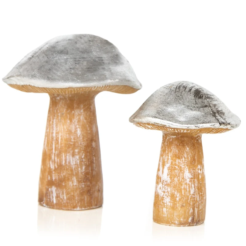 2 Holz Pilz Figuren Natur Silber - herbstliche Dekofiguren 12-15,5 cm