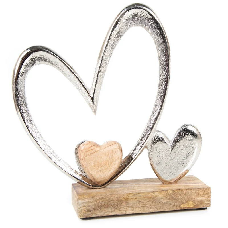 Herz Dekofigur aus Metall & Holz Geschenk für Hochzeit & Weihnachten 19 x 19 cm