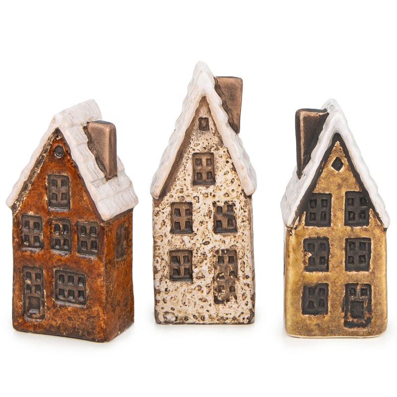 Logbuch-Verlag 3 kleine Häuser Figuren Stadthaus Backsteinhaus Miniatur Deko Geschenk-Set Herbst Weihnachten 10 cm