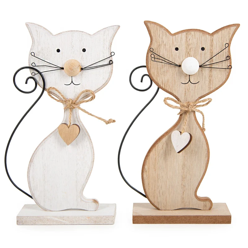 Katzen Figuren Set aus Holz - braun weiß Katzenpaar 20 cm