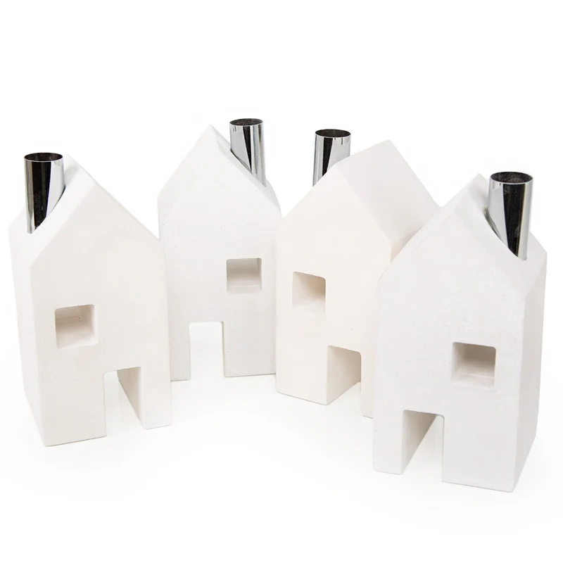 Logbuch-Verlag 4 Stabkerzenhalter Häuser aus Zement weiß Kerzenhalter für Stabkerzen Adventskranz Deko Haus 18 cm