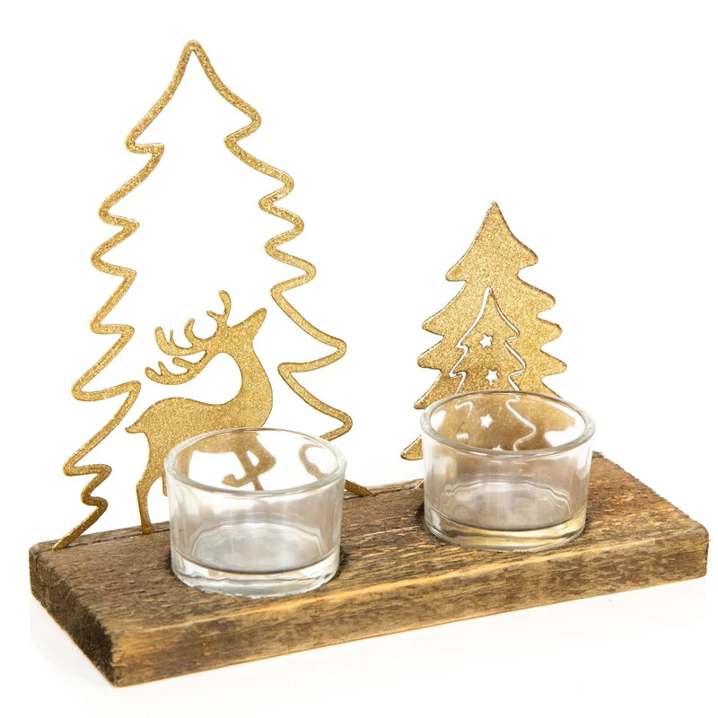 Weihnachtlicher Teelichthalter aus Holz & Metall Gold Natur 19 x 16,5 cm