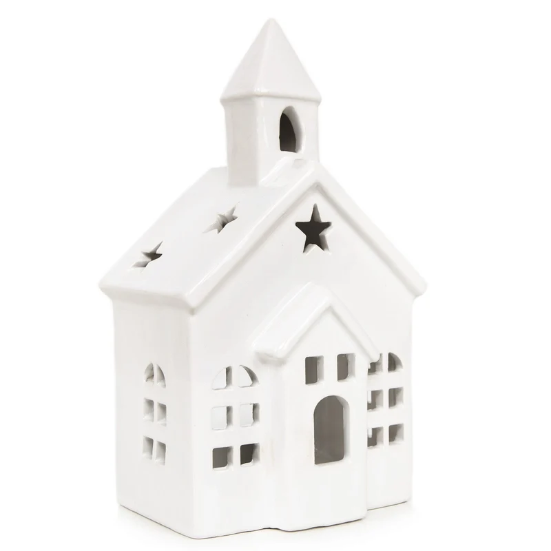 Logbuch-Verlag Kirche Windlicht aus Porzellan Kirchenfigur Teelichthalter weiß Weihnachten Deko Geschenk christlich 19 cm