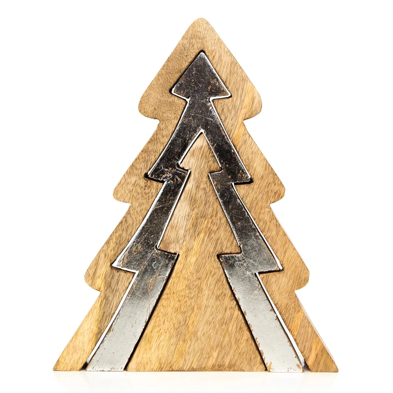 3-tlg. Weihnachtsbaum zum Ineinanderstecken aus Holz braun Silber 28 cm