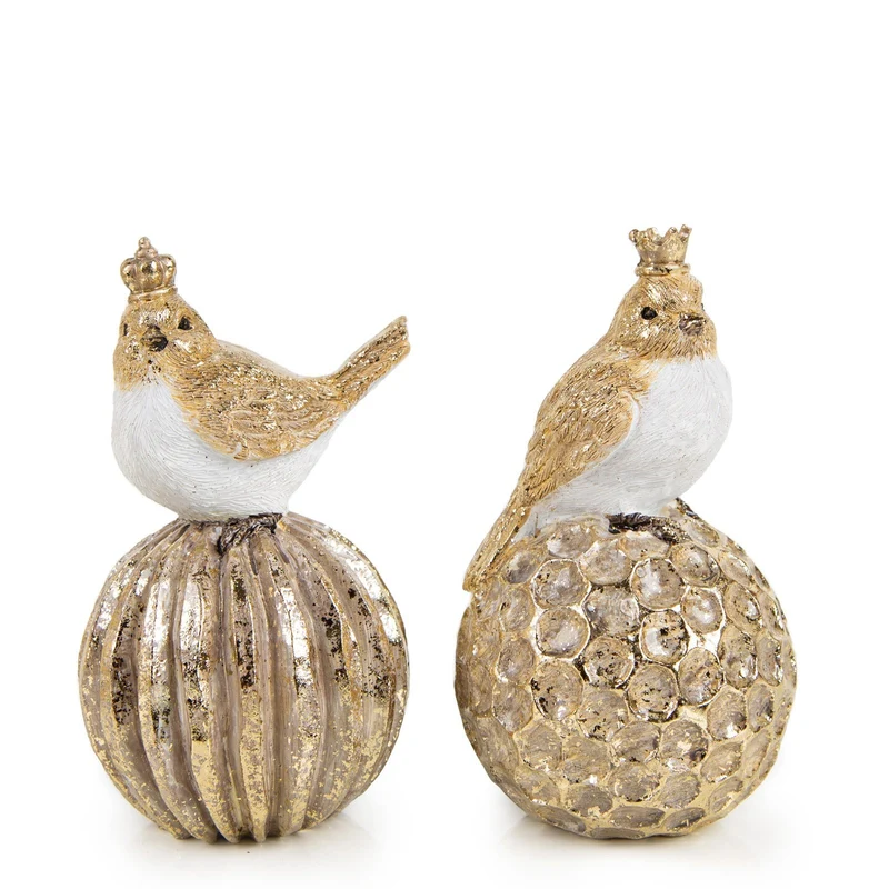 Edles Vogelpaar Deko Gold weiß mit Krone auf einer Kugel je 7 x 7 x 13 cm