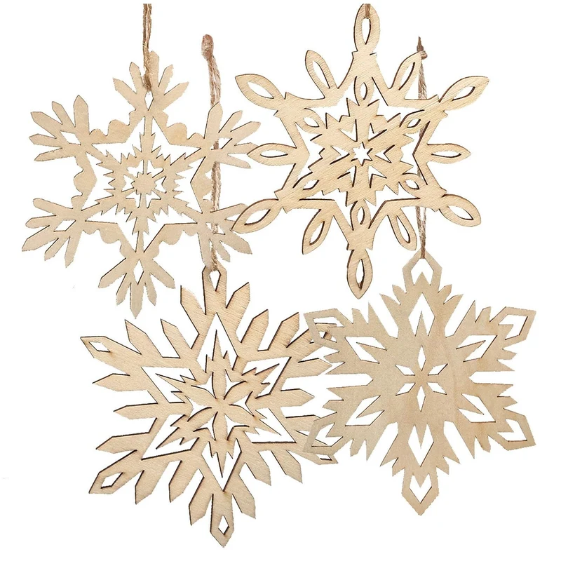 4 Schneeflocken zum Aufhängen aus Holz - naturfarben Fensterdeko 13 cm