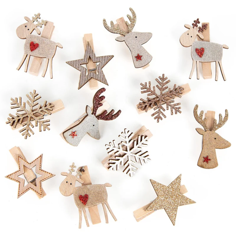 12 Holz Weihnachtsklammern Hirsch Stern Schneeflocke 4,5 cm Natur braun