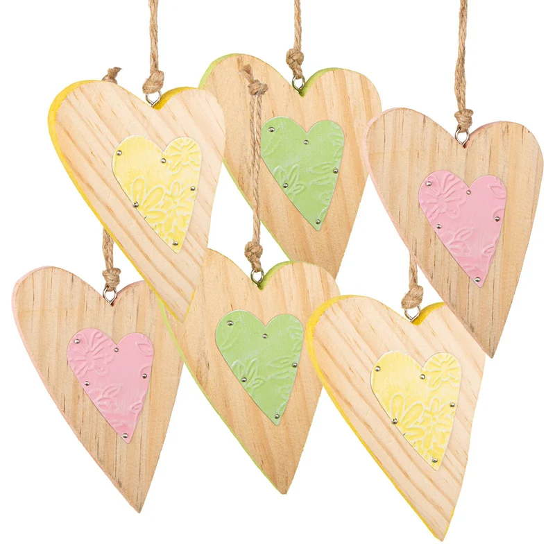 Logbuch-Verlag 6 Herzanhänger mit Schnur zum Aufhängen Herzen Anhänger aus Holz 14 cm Geschenkidee Natur rosa gelb
