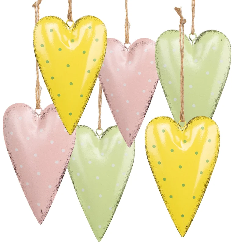 Logbuch-Verlag 6 große Herzen aus Metall mit Schnur für Ostern Sommer Geburtstag Gastgeschenke Glücksbringer grün gelb rosa11 cm
