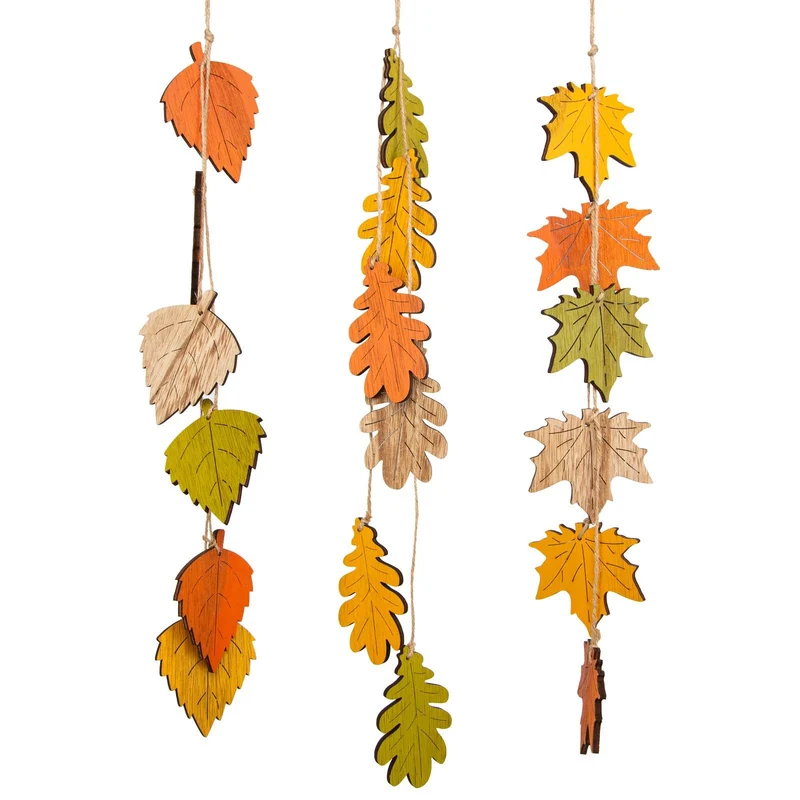 Logbuch-Verlag 3 Herbst Blätter Holz Deko Girlanden je 58-78 cm grün Natur gelb Herbstlaub Anhänger für drinnen und draußen