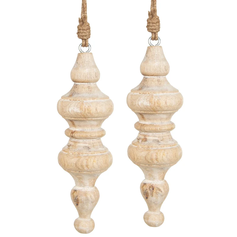 Logbuch-Verlag 2 Lange Holz Anhänger Kugeln Weihnachten Deko Quasten Natur weiß Ornamente 19 cm lang 8 cm breit