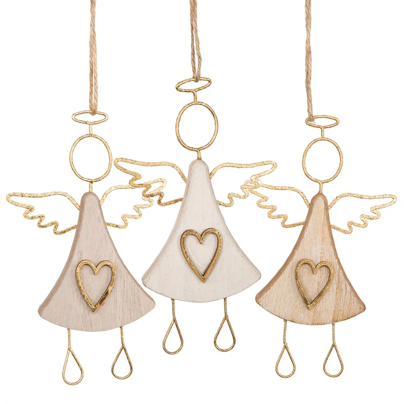 3 Holzengel mit Herz - Engel Anhänger Set 15 x 6 cm Natur Gold