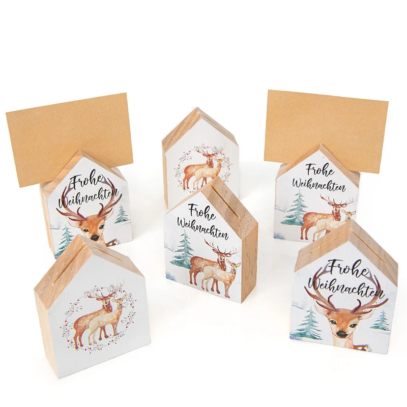 6 Holz Häuser - Weihnachtsdeko Häuschen als Tischkartenhalter 8 cm