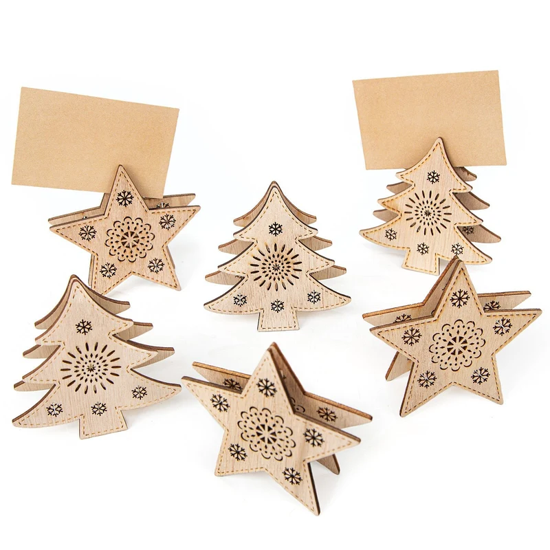6 Tischkartenhalter Sterne + Bäume aus Holz Weihnachtsklammer 9 cm