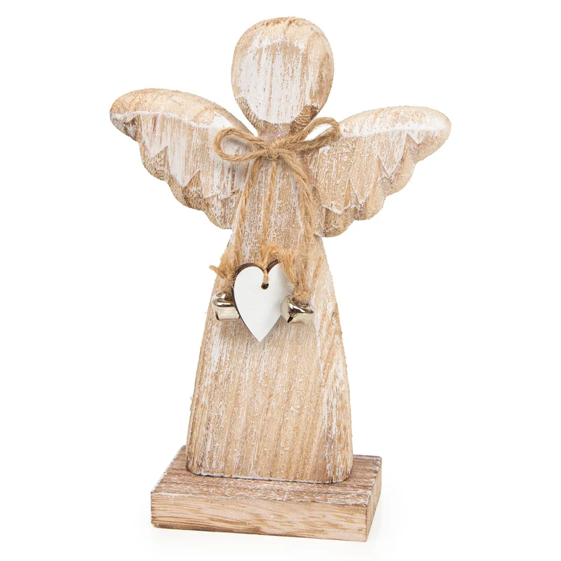 Holzengel Figur Natur braun mit Herz-Anhänger - Weihnachtsengel 17,5 cm