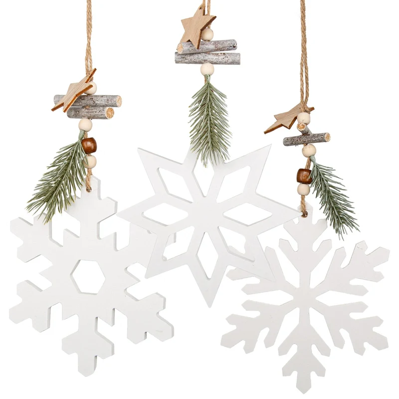 3 weiße Holz Schneeflocken - Weihnachtsanhänger Fensterdekoration 22 cm