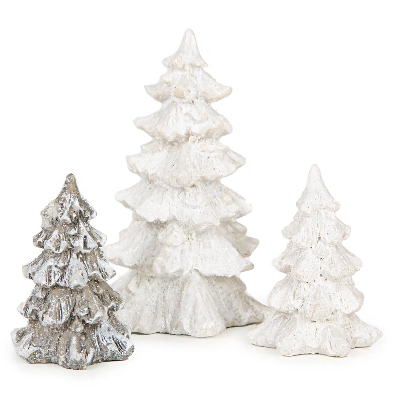 3 kleine Weihnachtsbäume Figuren - aus Kunstharz grau weiß 4,5-7,5 cm