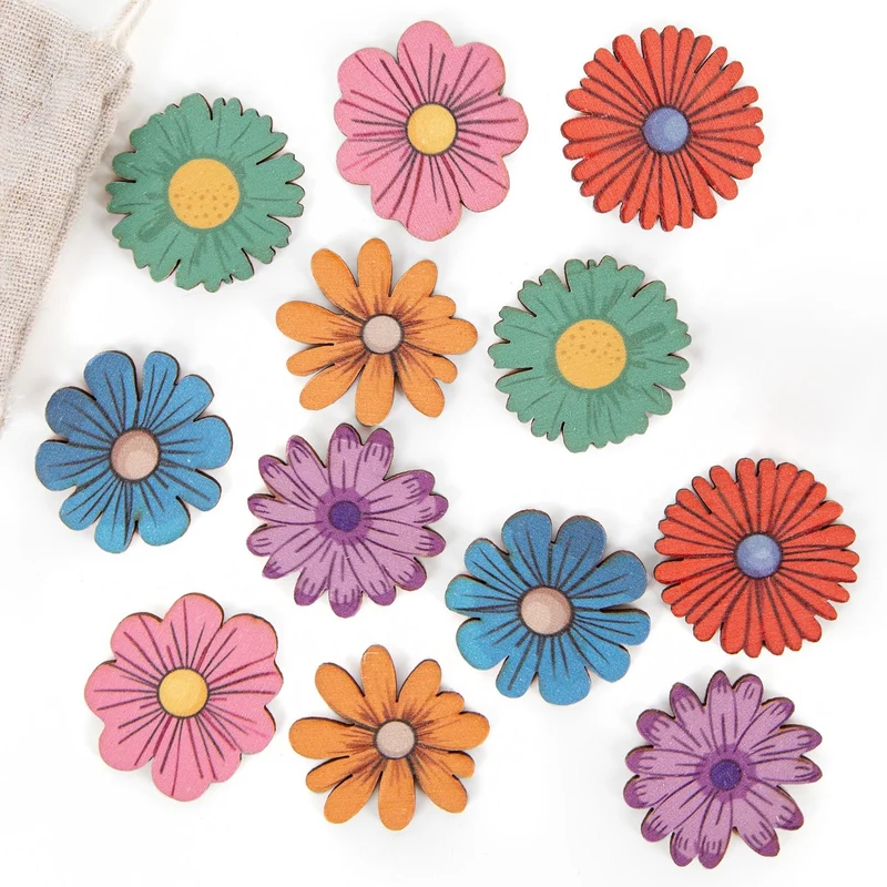 Logbuch-Verlag 12 Bunte Holz Blumen Streuteile Blüten flach Holzblumen Tischdekoration Bastelbedarf Frühling Sommer 4 cm