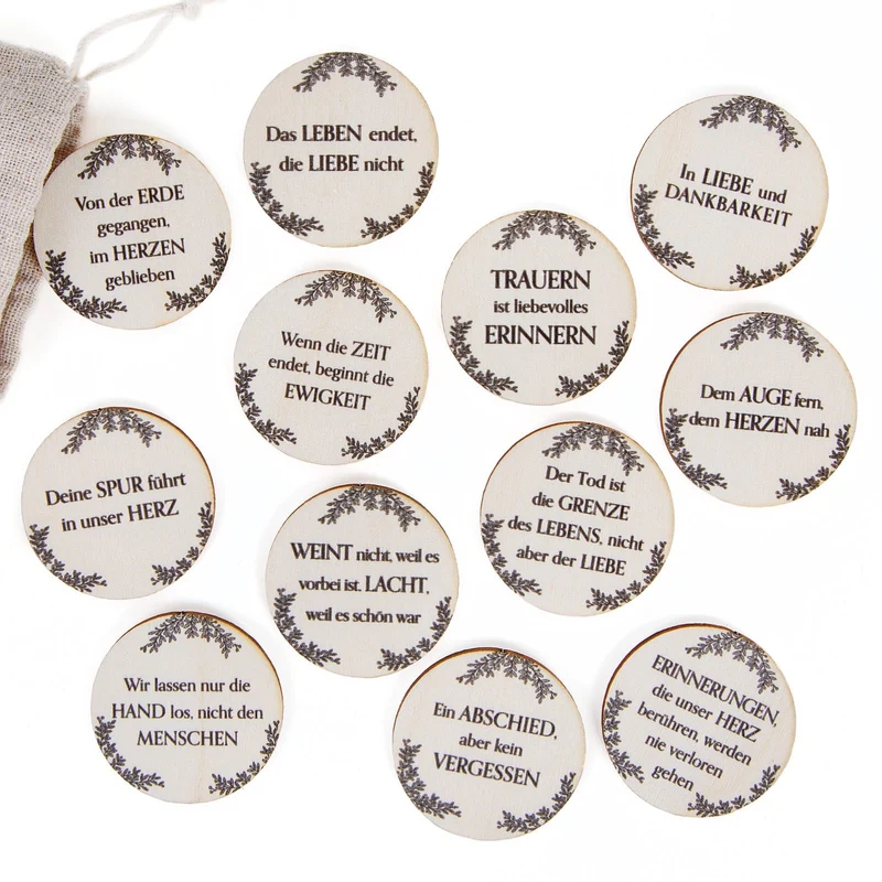 24 Holztaler mit Trauersprüchen Ø 4cm - für Trauerkarte oder Trauerfeier