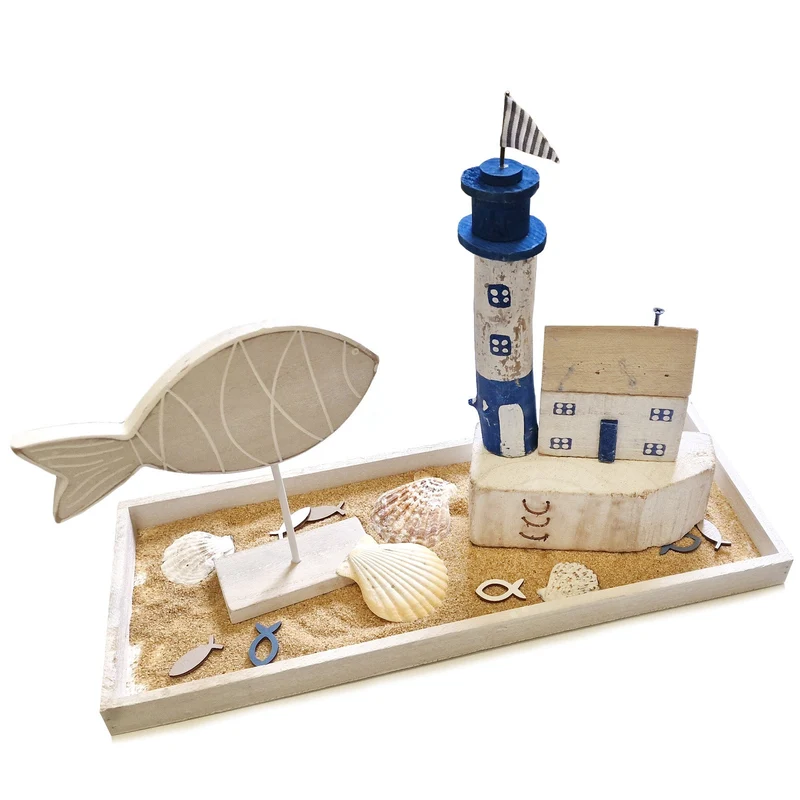 Logbuch-Verlag Geschenkset Strandhaus mit Fisch Muscheln Fischen und Leuchtturm in blau weiß naturfarben 45 x 18 x 32 cm