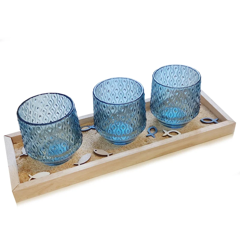 Logbuch-Verlag Deko Tablett Holz mit 3 blauen Teelichtgläsern Fische Sand 40 x 10 cm maritimes Geschenk Geburtstag
