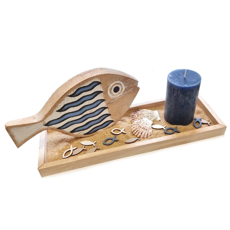 Deko Set mit Fisch und Kerze auf Tablett - mit Sand & Muscheln 40 x 30 cm