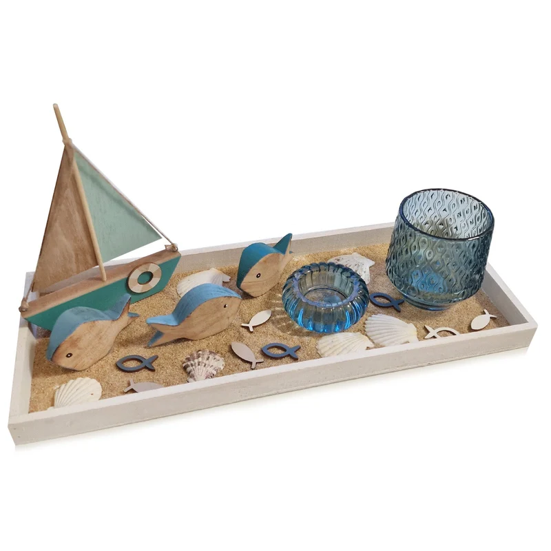 Geschenk im maritimen Stil mit Fischen und Muscheln 45 x 18 x 21 cm blau türkis