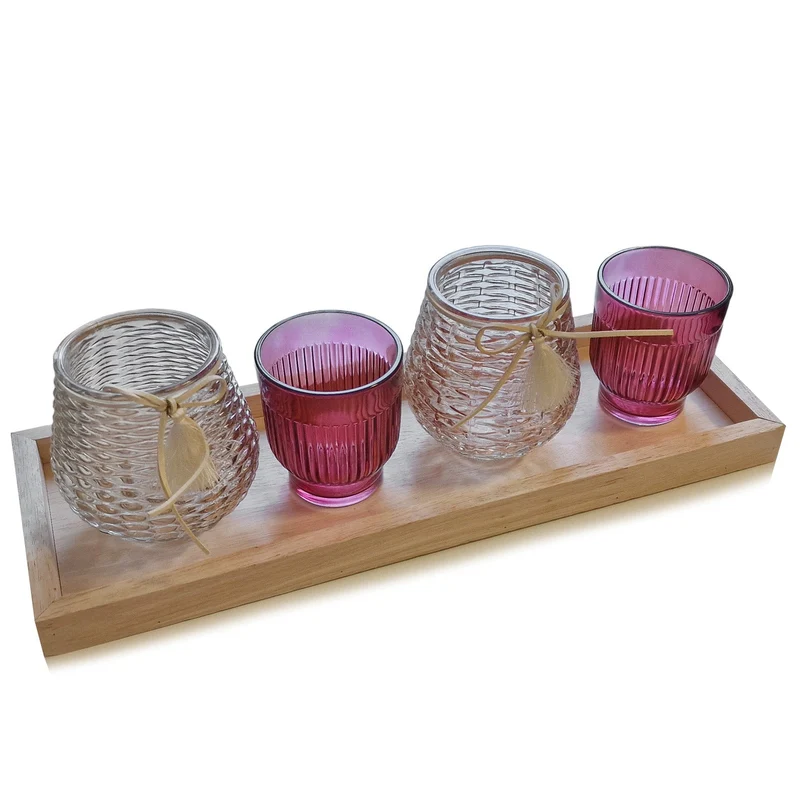 Logbuch-Verlag Geschenk Set Frau Teelichtgläser auf Einer Holz Deko Schale zum Geburtstag oder zu Weihnachten 40 x 14 x 13 cm