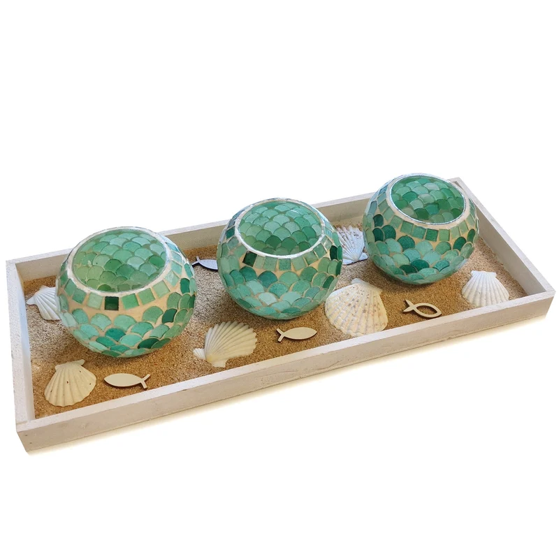 Logbuch-Verlag 3 türkise Mosaik Teelichtgläser grün fertiges Geschenk Set zum Geburtstag oder zu Weihnachten mit Muscheln für Frauen 45 x 18 x 11 cm